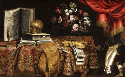 Nature morte vanité avec violon, livre de musique, vase de fleurs et crâne - Pierfrancesco Cittadini